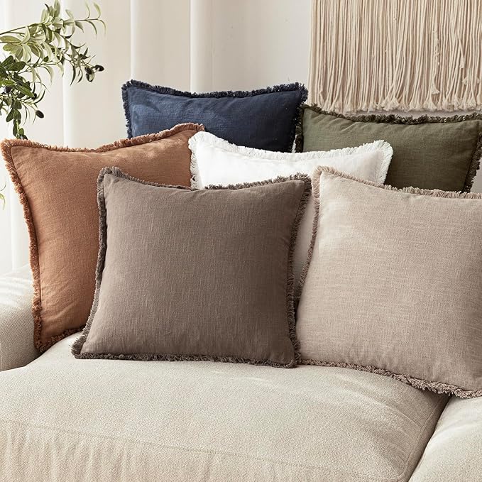 Foindtower Set of 2 Decorative Linen Fringe Throw Pillow Covers Boho Farmhouse Cushion Cover with Tassels Soft Accent Pillowcase for Couch Sofa Bed Living Room Home Decor,26×26 Inch,Natural Linen