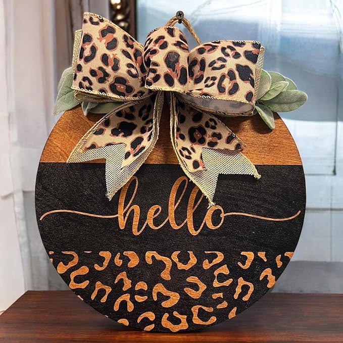 Wood front door sign Wood sign Home decor Welcome sign Sign for front door House warming gift Wedding gift (Hello Cheetah-UV025(A39) S003, 15" Width)