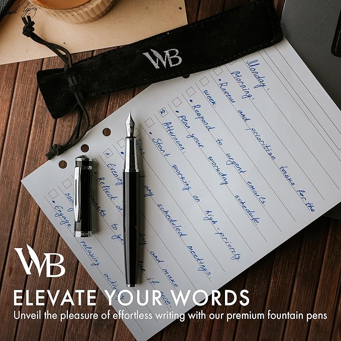 Wordsworth & Black Fountain Pen Set, Extra Fine Nib, Includes 24 Pack Ink Cartridges, Ink Refill Converter & Gift Pouch, Chrome Finish, Calligraphy, [Black Chrome], Perfect for Men & Women