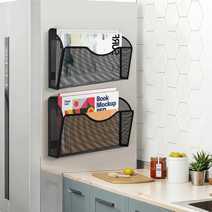 KZWKRG 6 Pack Magnetic File Holder, Magnetic Pocket Wall File Holder, Mesh Wall Paper Organizer, Vertical Mail Basket, Storage Organization Magazine Rack for Office, Home and School
