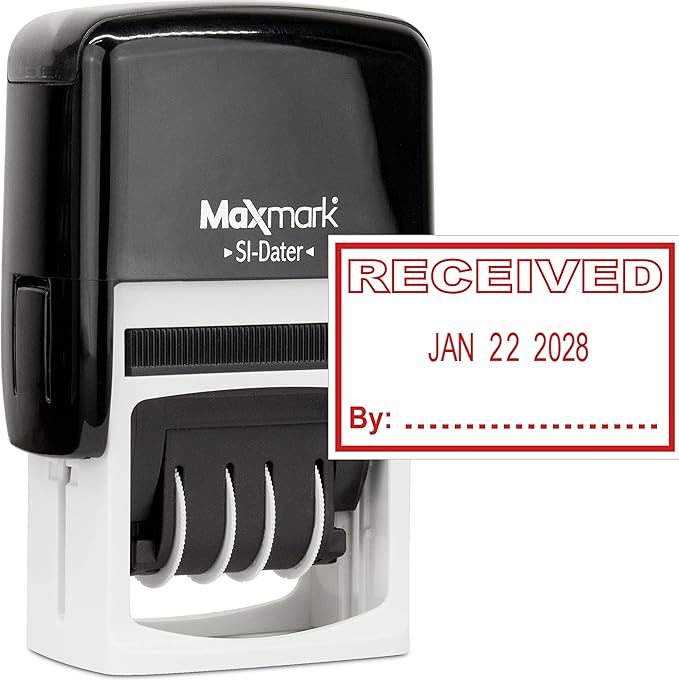MaxMark Office Self Inking Date Stamp with Phrase Received - Red Ink