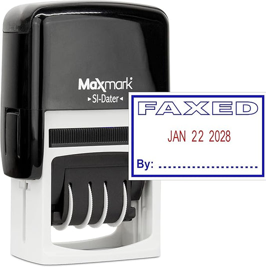 MaxMark Office Self Inking Date Stamp with Phrase Faxed - 2 Color Blue/Red Ink