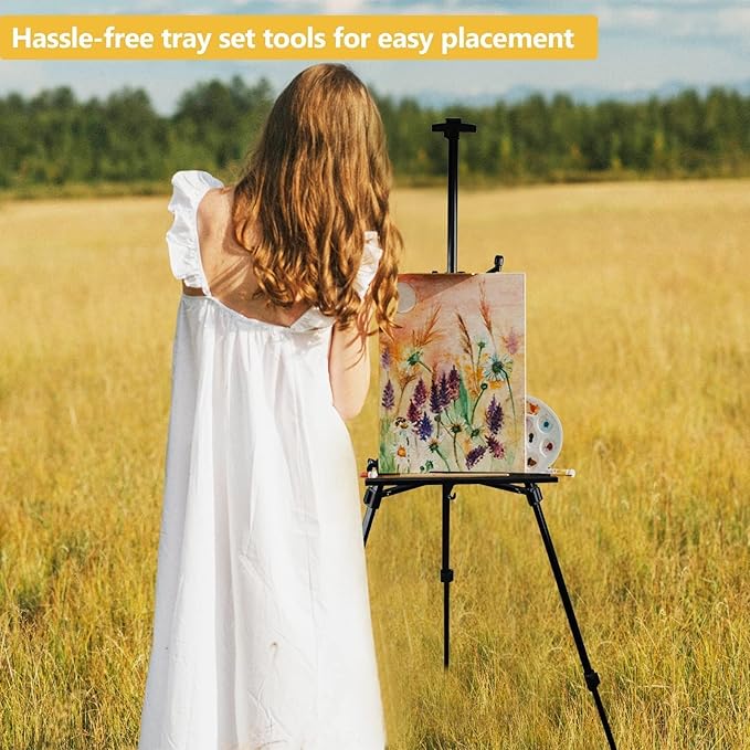 RRFTOK Art Easel Stand for Painting and Sign - Aluminum Metal Artist Tripod Adjustable Easels for Display Height from 21 to 61Inches - Canvas Stand with Paintbrush Tray for Artists Adult Holder