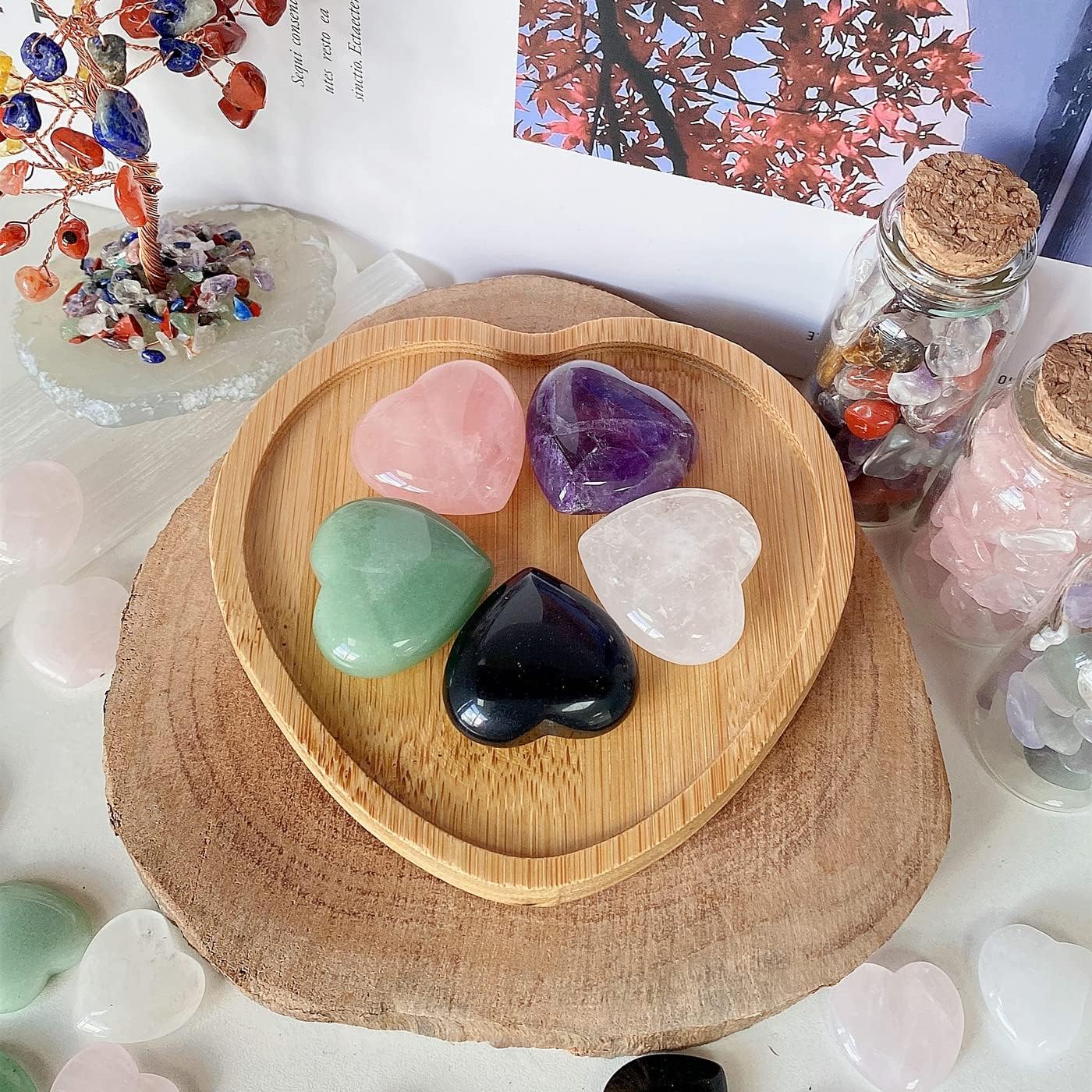 QINJIEJIE 5Pcs 1.2" Rose Quartz Heart Crystals Amethyst Healing Crystal Love Stone Polished Thumb Palm Natural Worry Gemstones Reiki Balancing