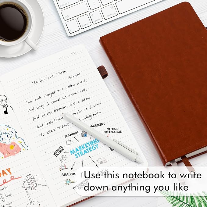 5 Pack Journal Notebook Bulk for School, Feela Hardcover Business Notebooks Classic Ruled Lined Journals with Pen Holder for Work Note Taking, with 5 Black Pens, 120 GSM, 5.1”x8.3”, A5, Brown
