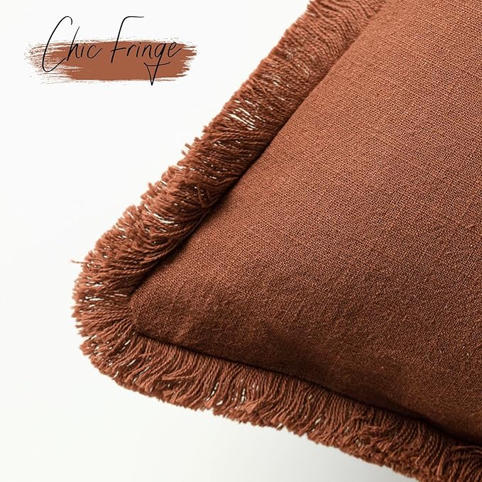 Foindtower Set of 2 Decorative Linen Fringe Throw Pillow Covers Farmhouse Cushion Cover with Tassels Soft Accent Pillowcase for Couch Chair Sofa Bed Living Room Home Decor,20×20 Inch,Fall Rust Orange