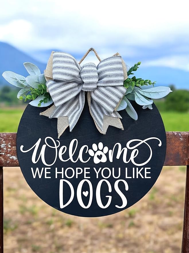 Wood front door sign Wood sign Home decor Welcome sign Sign for front door House warming gift Wedding gift (Dogs 3.0-UV033(A3) S006, 18" Width)