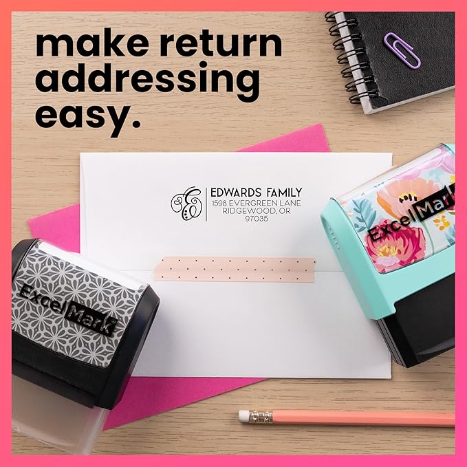 ExcelMark Address Stamp - Custom Return Address Stamp with Elegant Designs, Vibrant Colors & Patterns – Perfect for Mail, Invitations & Gifts (Seafoam Mount, Script Swirl)