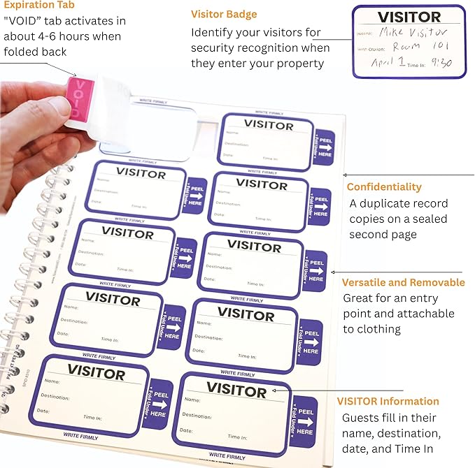 Specialist ID Visitor Log Book for Business or Schools - Expiring Visitor Sticker Badges and Sign in Book with Carbon Copy Record Keeping for Guest Tracking - Spiral Binder Registry (500 Badges)