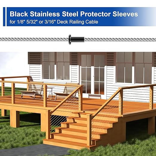 BLIKA 120 Pack Black Stainless Steel Protector Sleeves for 1/8" 5/32" or 3/16" Deck Cable Railing, for Wood/Composite Posts, T316 Marine Grade, Black Cable Railing Protector Sleeves