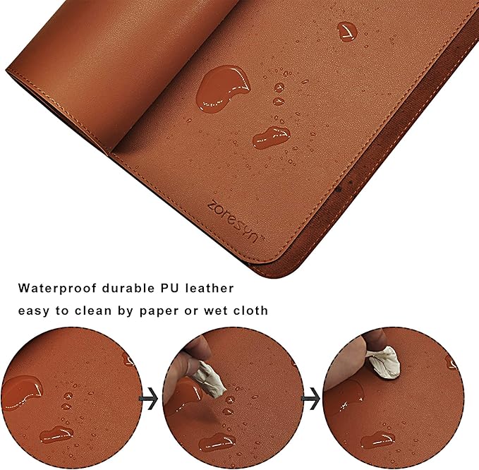 ZORESYN PU Leather Desk Mat Waterproof Anti-Oil Dining Table mat - 66.9" x 19.7" - Non-Slip Mouse Pad,Large Desk Pad with Suede Base,Stitched Edges Computer Desk Mat for Gamer,Office & Home | Brown