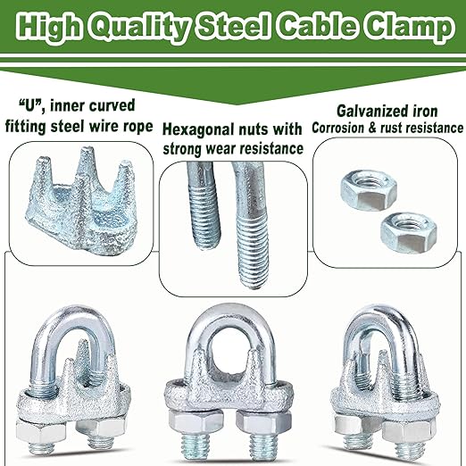 30PCS 1/4" Galvanized Zinc-Plated Wire Rope Cable Clamp Clips, M6 Wire Cable Clampswith U-Bolt Saddle Fasteners for Secure Rigging & Marine Use