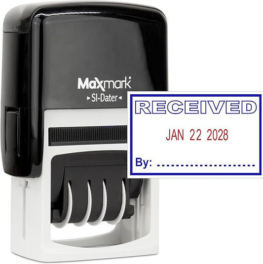 MaxMark Office Self Inking Date Stamp with Phrase Received - 2 Color Blue/Red Ink