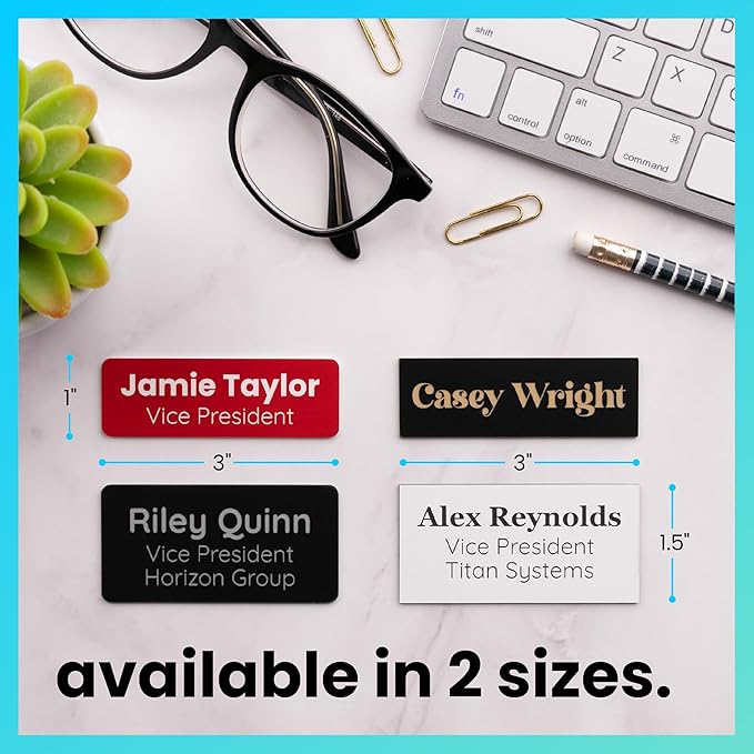 ExcelMark Custom Name Tag - Engraved Name Badge with Pin or Magnetic Backing, 16 Colors, 6 Fonts, and 2 Sizes to Choose from (Silver w/Black Letters, 1"x 3")