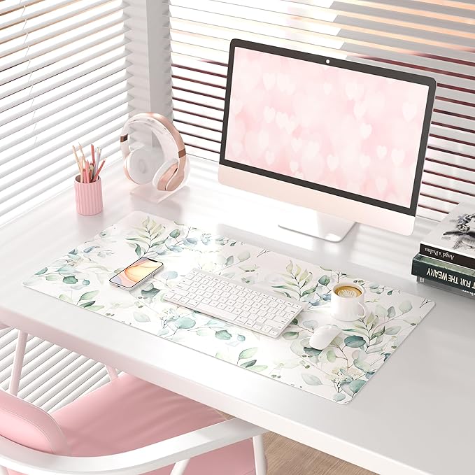 QIYI Large Mouse Pad, Cute Green Leaves Desk Mat for Desktop, Women Girls Office Décor Desk Accessories, PU Leather Waterproof Gaming Mousepad, Eucalyptus Leaf Desk Pad Computer Mat, 31.5" x 15.7"