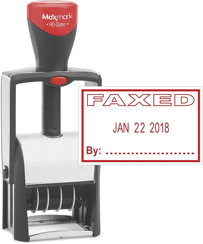 MaxMark Heavy Duty Self Inking Date Stamp with Phrase Faxed - Red Ink