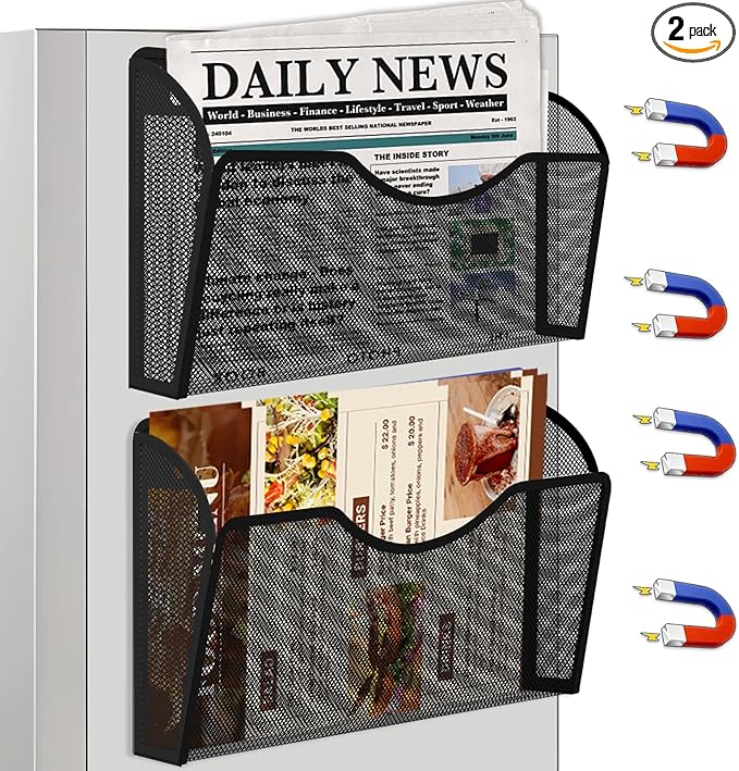 KZWKRG 2PCS Magnetic File Holder - No Drilling Magazine Paper Document Holder, Magnetic File Paper Mail Organizer, Magnetic Hanging File Organizer for File Cabinets, Office, Whiteboard