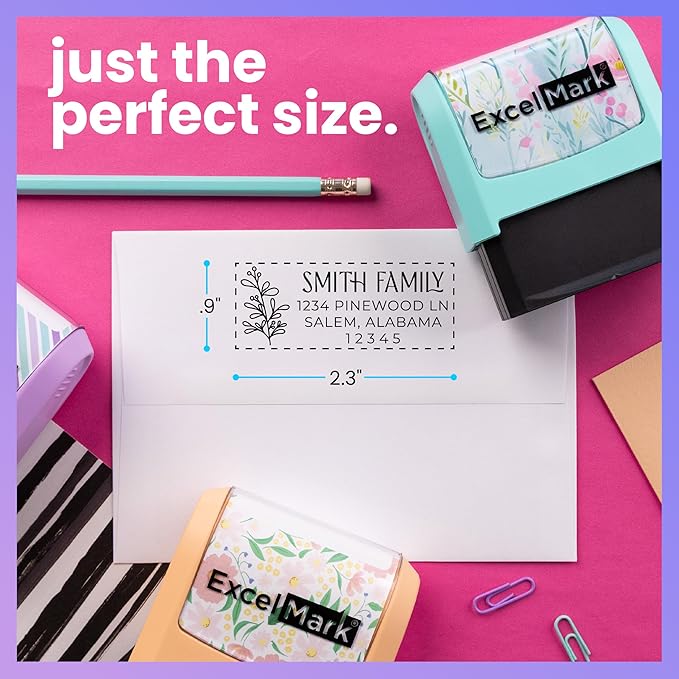 ExcelMark Address Stamp - Custom Return Address Stamp with Elegant Designs, Vibrant Colors & Patterns – Perfect for Mail, Invitations & Gifts (Seafoam Mount, Foliage Edge)