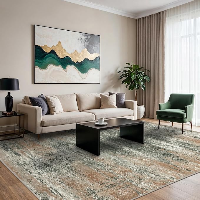 GENIMO 6x9 Area Rug-Washable, Lightweight Foldable Low Pile Carpet with Rubber Backing, Modern Pet Friendly Decorative Rug for Living Room, Bedroom, Playroom, Gray Mist