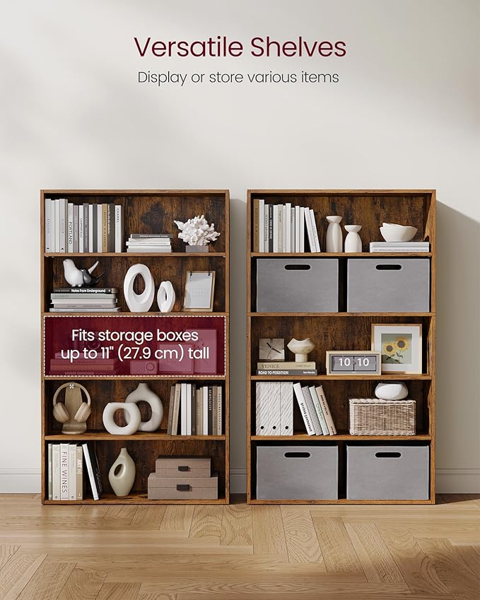 VASAGLE Set of 2 Bookshelves, 30 Inches Wide, 5-Tier Open Bookcases with Adjustable Storage Shelves, Floor Standing Units, Rustic Brown ULBC175X01-2