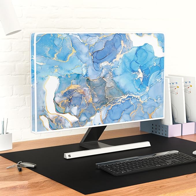 Baocicco Baby Blue Gold Marble Waterproof Computer Monitor Dust Cover 22, 23, 24, 25 Inch Modern Monitor Accessories Laptop TV LCD Fashion Screen Monitor Decoration for Tablet Home Office Computer
