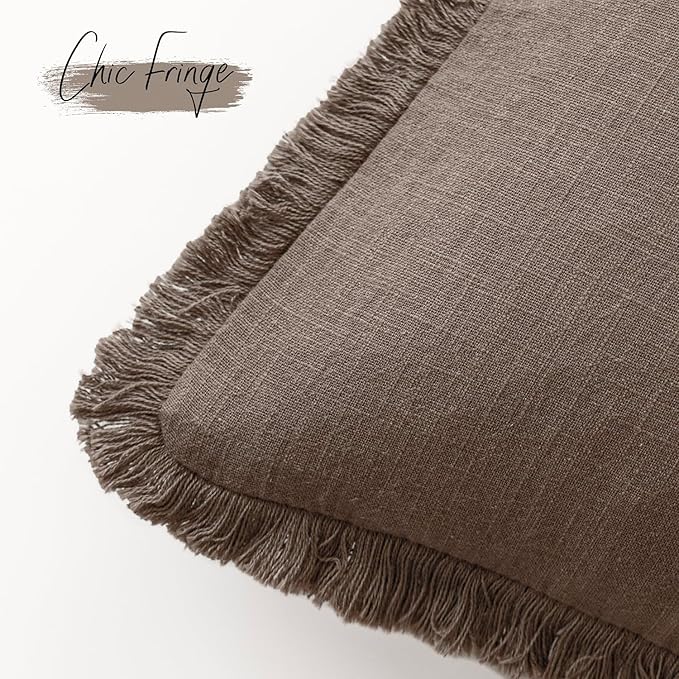 Foindtower Set of 2 Decorative Linen Fringe Lumbar Throw Pillow Covers Boho Farmhouse Cushion Cover with Tassels Accent Pillowcase for Couch Sofa Bed Living Room Home Decor,12×20 Inch,Light Coffee