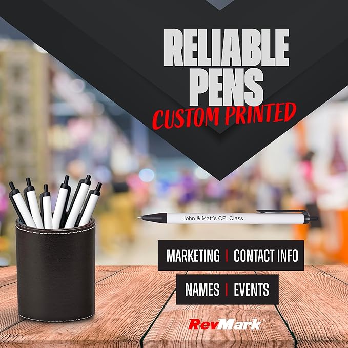 RevMark Personalized Ballpoint Pen, Custom Printed Name, Business or Event Information, Timeless Advertising, USA Made Pens, Promotional Marketing, Smooth Black Ink, Bulk Pack (Black,500 Ct.)