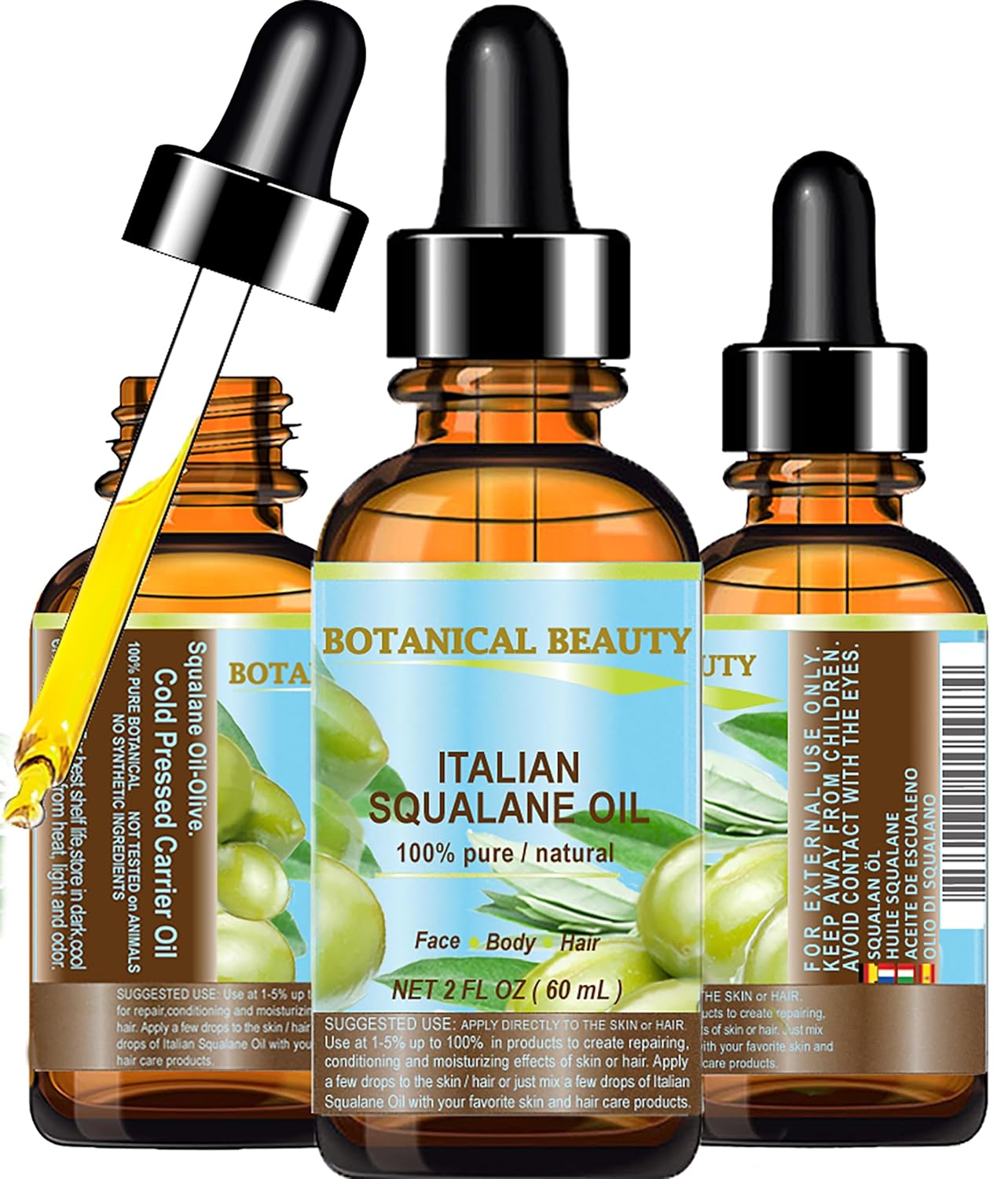 SQUALANE Italian Olive. 100% Pure Natural Undiluted Oil. 2 fl.oz- 60ml. 100% Ultra-Pure Moisturizer for Face, Skin, Body, Hair. Reliable 24/7 skincare protection