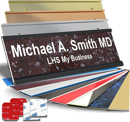 Custom Name Plate for Doors, with Choice of Mounting Holders for Walls, Doors, Cubicles, Hanging and More - Personalized Canberry Marble Plastic White Letters - USA Made 2x6 - S5