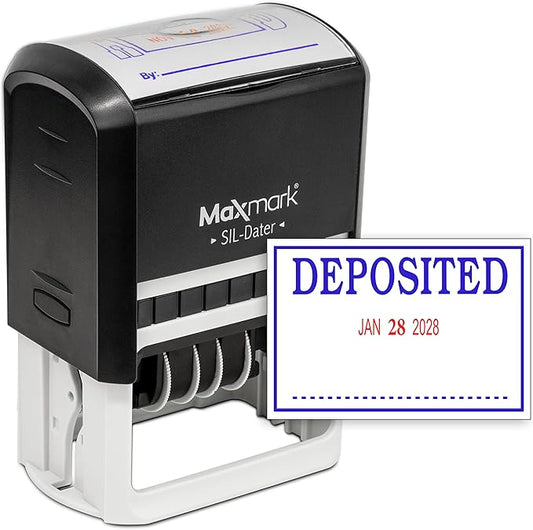MaxMark Large Self-Inking Rubber Date Office Stamp with Deposited Phrase & Date - Blue/Red Ink, 12-Year Band - Style 3