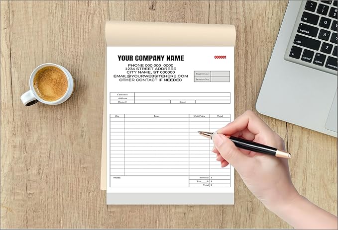 Custom Carbonless Invoice Book with Logo, Personalized Cover & Inner Pages, 2 Part NCR Receipt & Work Order Forms, Easy Tear, Writing Shield for Small Business (2-Part [White/Red], 8.3 x 5.5INCH)