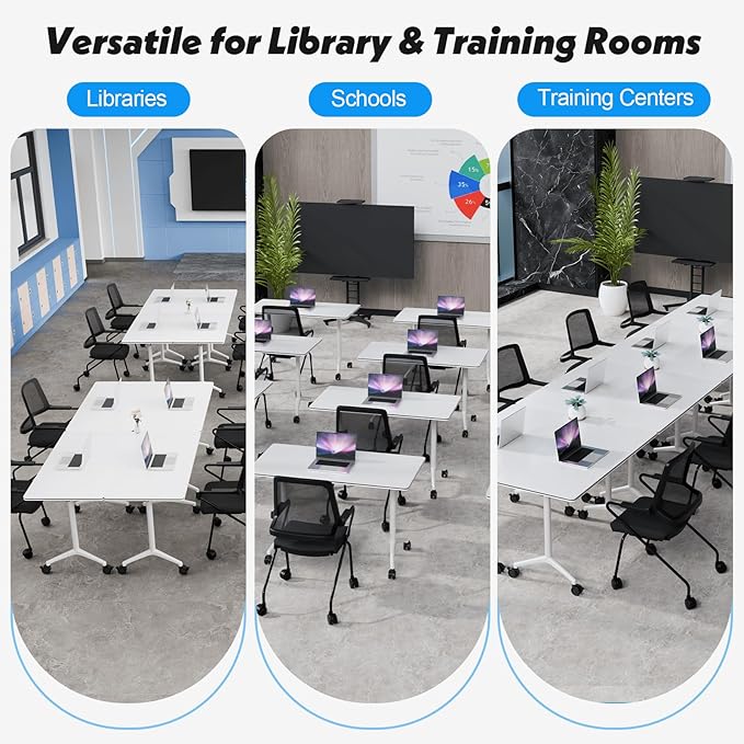 Goakwwuz Conference Room Table, Folding Conference Tables,Thicken Grey Tabletop,Flip Top Wooden Seminar Meeting Room Table for Conference Room Offices (2, White, 61.0“)