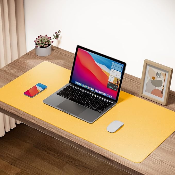 Boutilon Leather Desk Pad Protector,Non-Slip Mouse Pad,Laptop Desk Pad,Office Mouse Mat,Waterproof Leather Desk Blotter,Desk Writing Pad for Office and Home (S-Yellow,24"x 14")