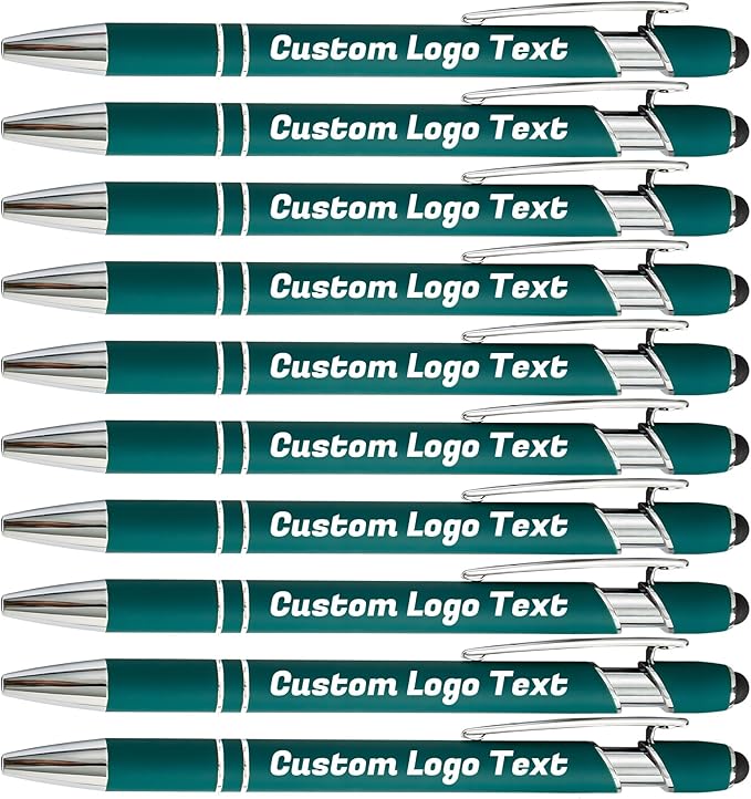 HEYZARDA Personalized Pens with Name Text Logo Custom Ballpoint Pen for Business Office Events with Stylus for Touchscreen 10 Pcs Dark Green