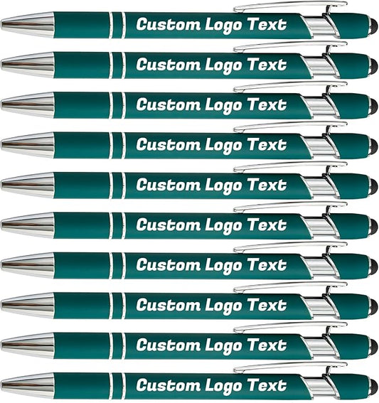 HEYZARDA Personalized Pens with Name Text Logo Custom Ballpoint Pen for Business Office Events with Stylus for Touchscreen 10 Pcs Dark Green