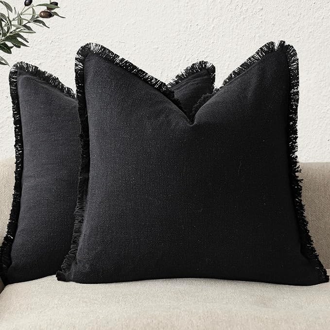 Foindtower Set of 2 Decorative Linen Fringe Throw Pillow Covers Cozy Boho Farmhouse Cushion Cover with Tassels Soft Accent Pillowcase for Couch Chair Sofa Bed Living Room Home Decor,18×18 Inch,Black