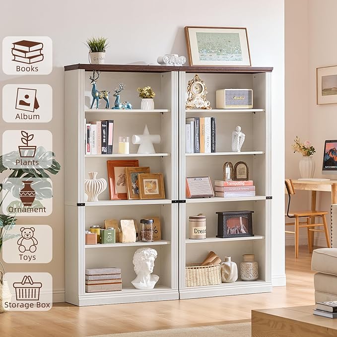 RWYHG 70" White Tall Bookshelf Set of 3,5-Tier Thick Wooden Book Shelf with Adjustable Shelves,Free Standing Farmhouse Bookcase with Open Display Storage,Floor Vintage Bookshelves for Living Room