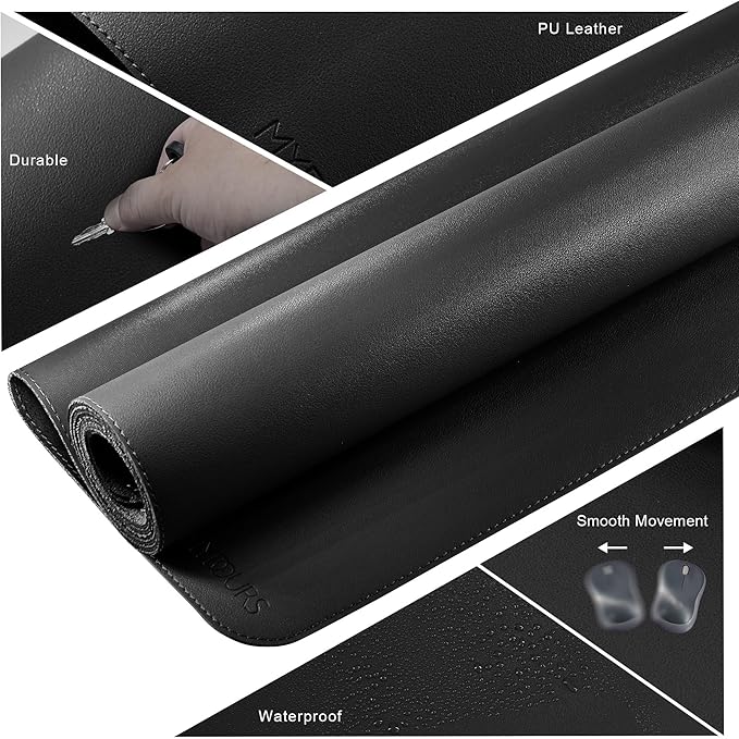 Mydours Ultra-Long 51.2" x 15.7" PU Leather Desk Pad with Non-Slip Suede Base, Waterproof Workstation Mat, Black - Full Desk Protection for Multiple Devices, Ideal for Professionals and Gamers