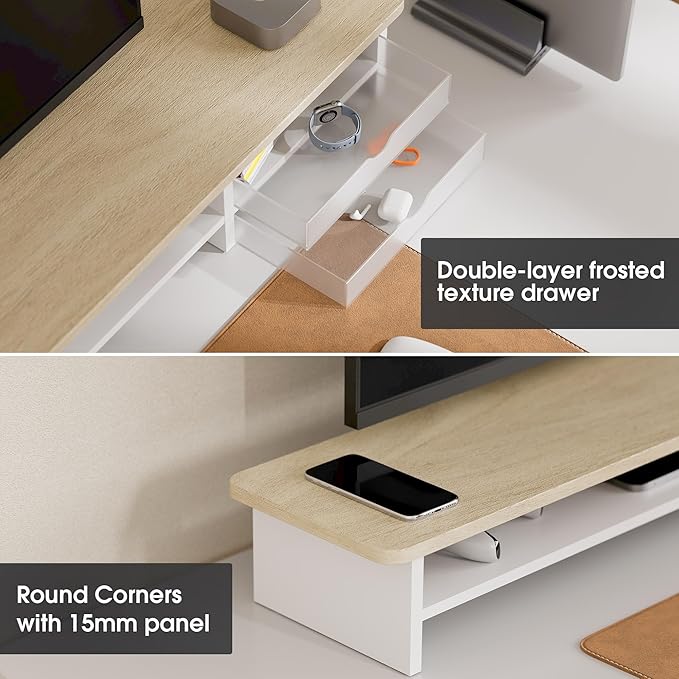 Fenge Monitor Stand, Dual Monitor Riser, 42.5inch Large Desk Computer Monitor Stand Riser with Drawer, 2 Tier Wood & Acrylic Desktop Organizer for Computer, Laptop, Printer, TV Screen Riser