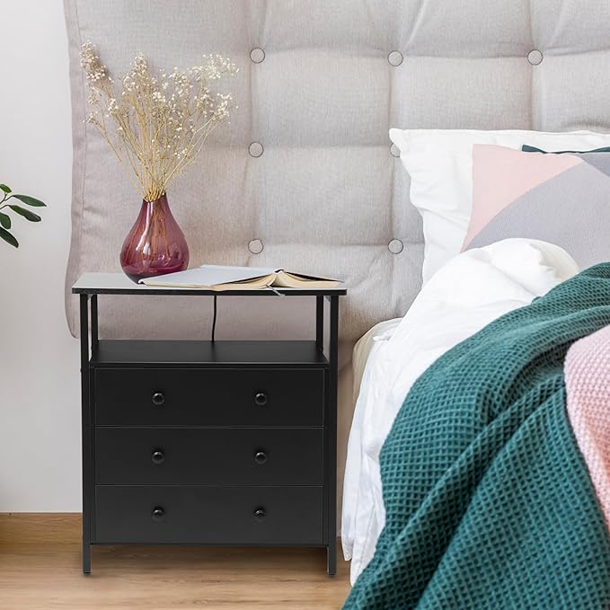 Edbuosy 3 Wooden Drawers Night Stand, 27 Inch Wide Nightstand with Charging Station and Adjustable Drawers, Small Dresser for Closet, Bedside Table for Living Room/Bedroom/Office