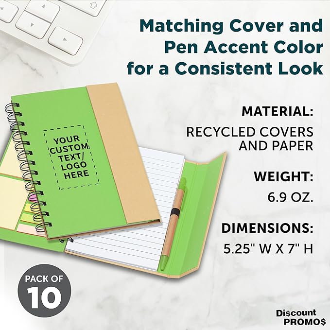 DISCOUNT PROMOS Custom Eco Friendly Spiral Notebooks with Pens Set of 10, Personalized Bulk Pack - Perfect for School, Office, Home - Green