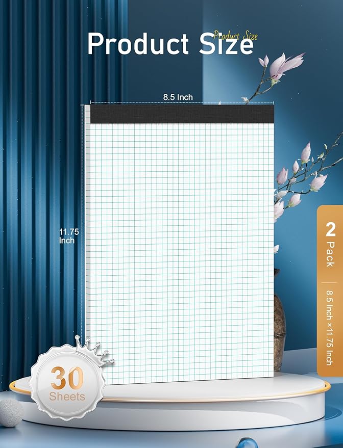 Zaviko Graph Paper Pad 8.5 x 11, 2 Pack, 4x4 Graph Ruled, Grid Paper Pad 8-1/2" x 11", Blueprint Quadrille Pad, Easy Tears Off, Grid Pad Notebook 8.5 x 11, White 70 GSM Graft Paper, 30 Sheets/Pad