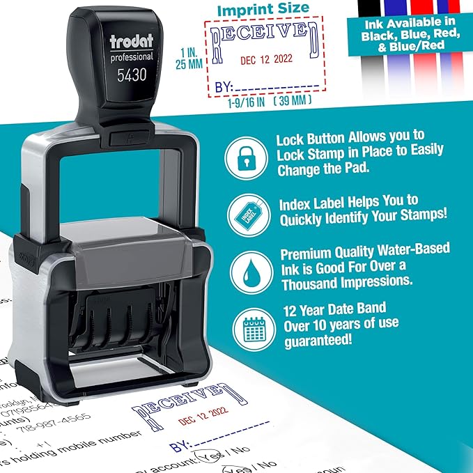 Trodat 5430 Professional Self-Inking Date Stamp with Received - Blue Ink