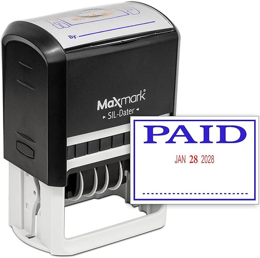MaxMark Large Self-Inking Rubber Date Office Stamp with Paid Phrase & Date - Blue/Red Ink, 12-Year Band - Style 3