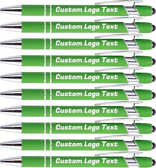 HEYZARDA Personalized Pens with Name Text Logo Custom Ballpoint Pen for Business Office Events with Stylus for Touchscreen 10 Pcs Green
