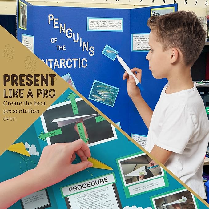 White Trifold Presentation Board 36" x 48" (Pack of 4) Self-Adhesive Science Subtitles included - Display Exhibition Board Lightweight and Portable with Smooth Surface - by Emraw