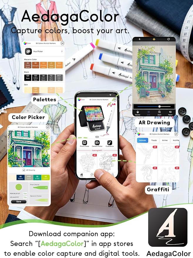 AEDAGA 80 Colors Alcohol Markers with Free App, Dual Tip Art Marker with Kickstand Case for Artists Adults. Alcohol Based Markers for Coloring Painting Sketching and Drawing, Great Gift