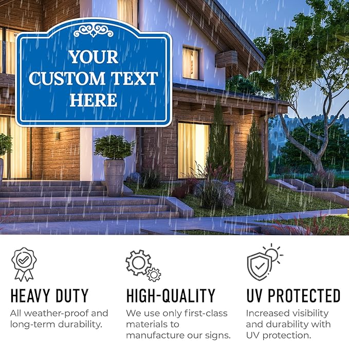 Custom Decorative Sign, Personalized Metal Sign for Business, Driveway, Home, Airbnb, Office Door Plaque, Blue Background Sign, 7x10 Inches, ACM, Fade Resistant, Made in USA by Sigo Signs