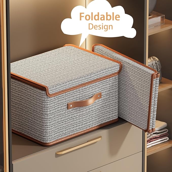 Tuza 4 Pack Storage Bins with Lids, Collapsible Closet Organizer Container, Fabric Organizer Box with Handles, Decorative Storage Boxes with Lids for Organizing Clothes, Sheet, Light Grey, Extra Large