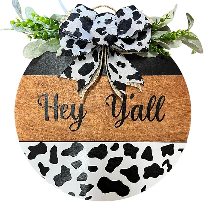 Wood front door sign Wood sign Home decor Welcome sign Sign for front door House warming gift Wedding gift (Hey Yall Cow-DS082(A10) S003, 18" Width)